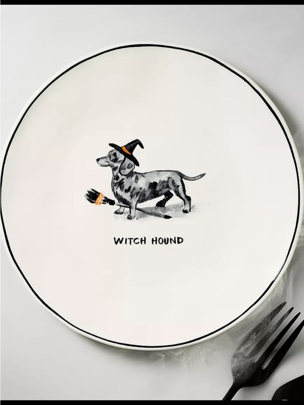 Witch Hound Ceramic Dessert Plate - White with Black & Orange Detail